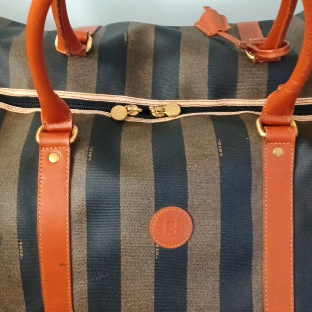 Vintage *RARE* Fendi Pequin Stripe & Cognac Duffle/Weekender Bag (Large 50cm) - Picture 5 of 10